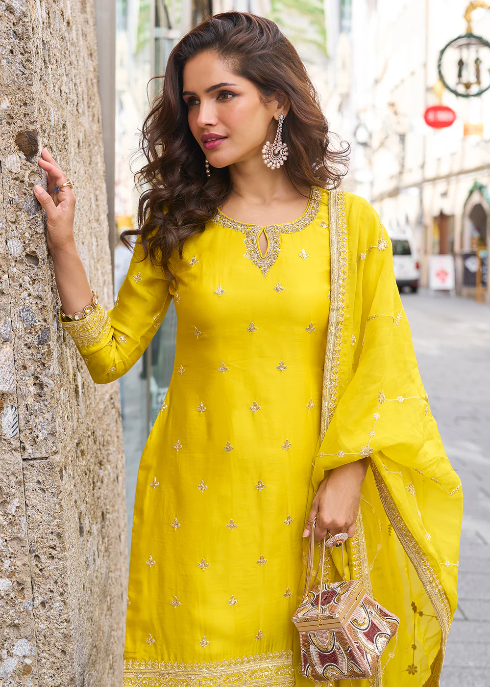 Stunning Yellow Embroidered Festive Style Gharara Suit - Image 2
