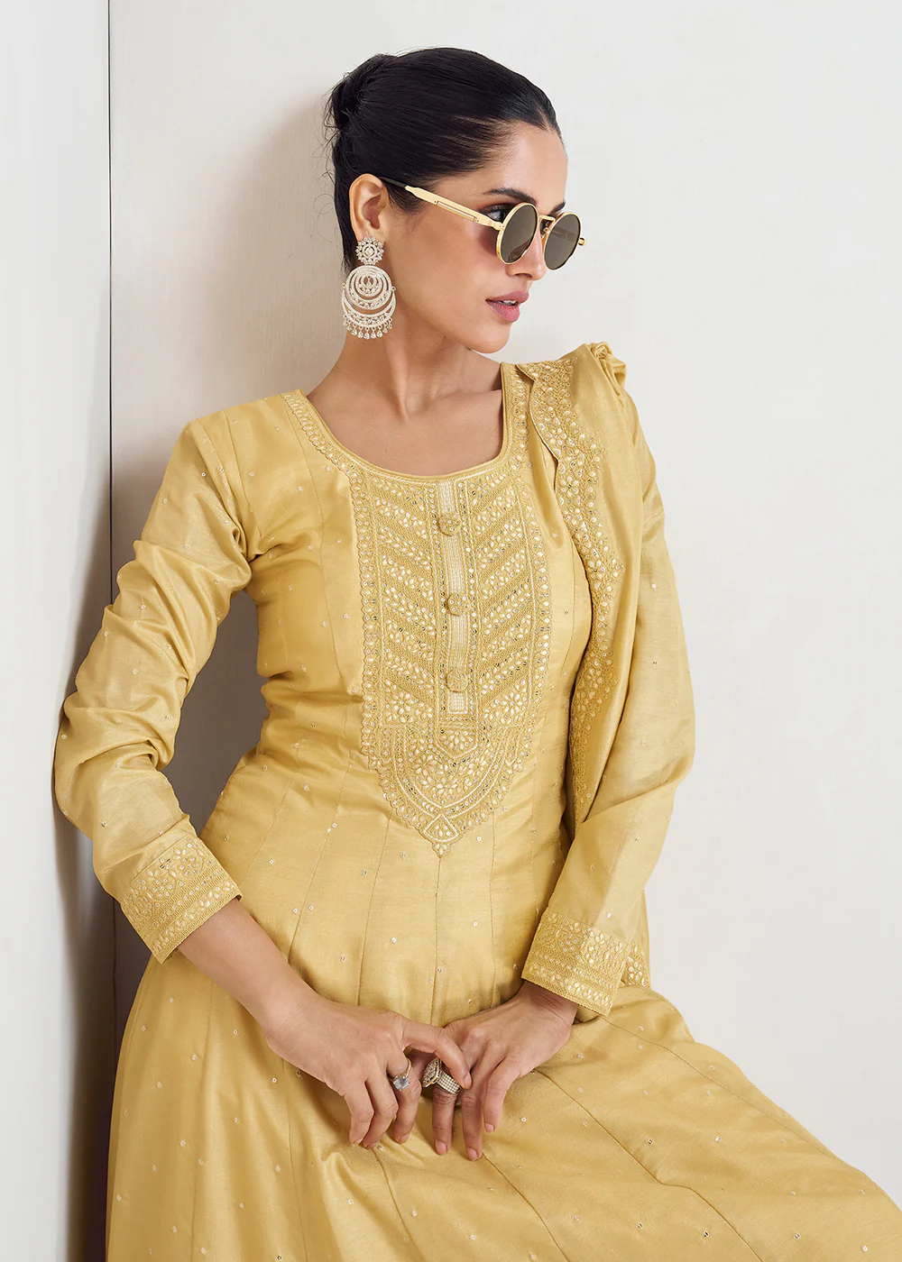 Stunning Yellow Silk Embroidered Wedding Anarkali Gown - Image 4