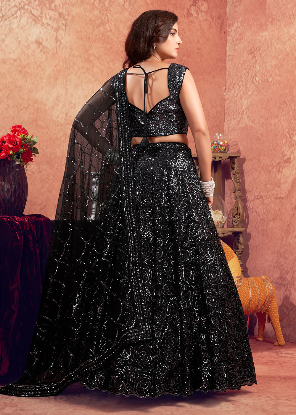 Stylish Black Premium Net Sequins Designer Lehenga Choli - Image 3