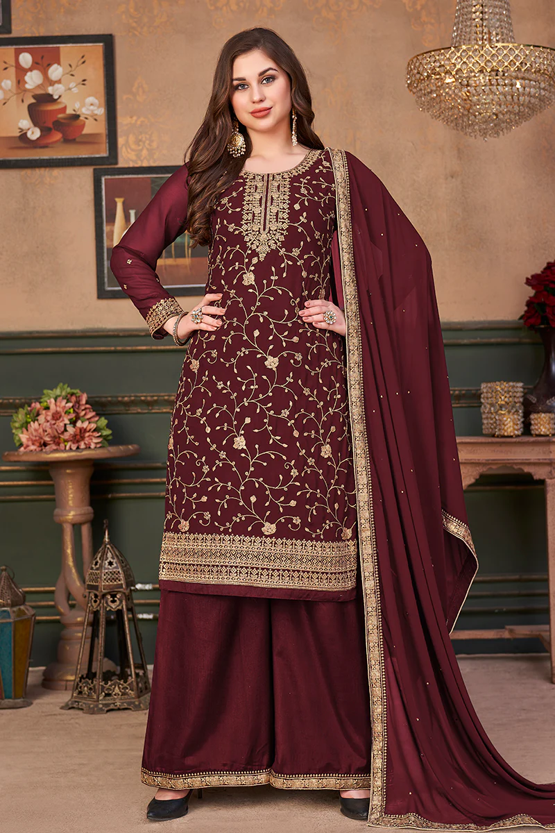 Stylish Maroon Straight Cut Festive Embroidered Palazzo Suit - Image 3