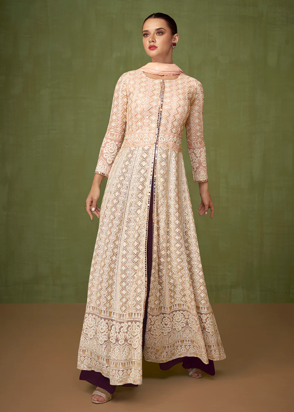Stylish Peachy Beige Georgette Wedding Party Anarkali Suit