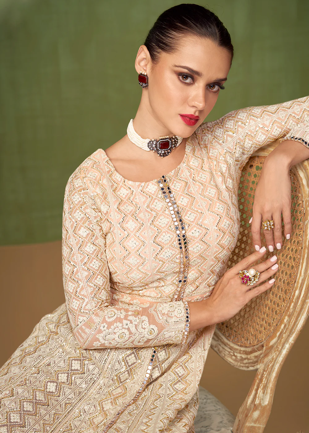 Stylish Peachy Beige Georgette Wedding Party Anarkali Suit - Image 2