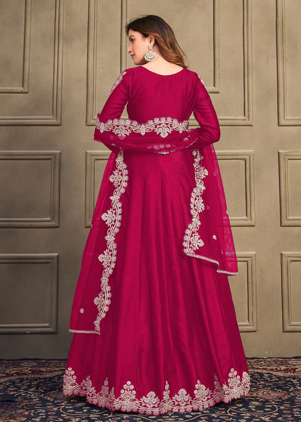 Stylish Pinkish Red Art Silk Floor Length Anarkali Dress - Image 3