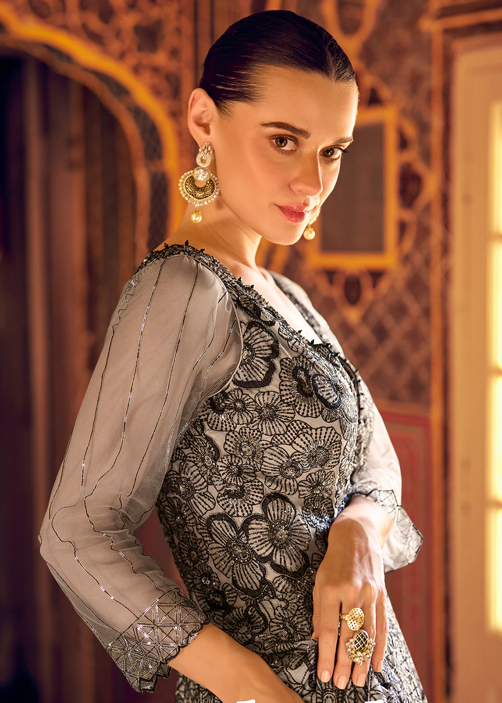 Stylist Grey Embroidered Designer Anarkali Gown - Image 2
