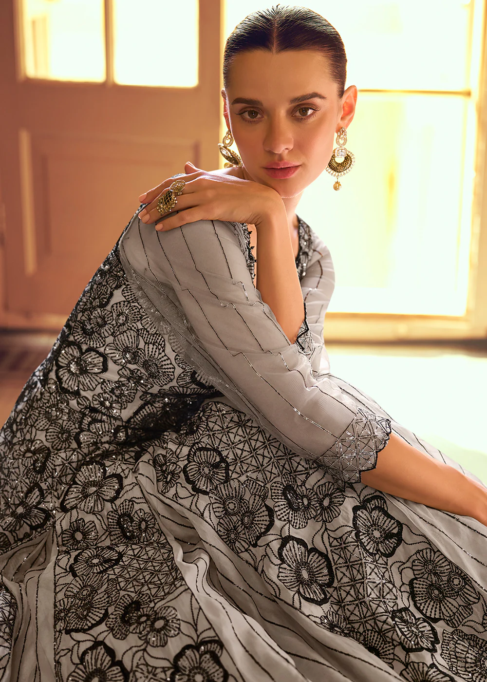 Stylist Grey Embroidered Designer Anarkali Gown - Image 6