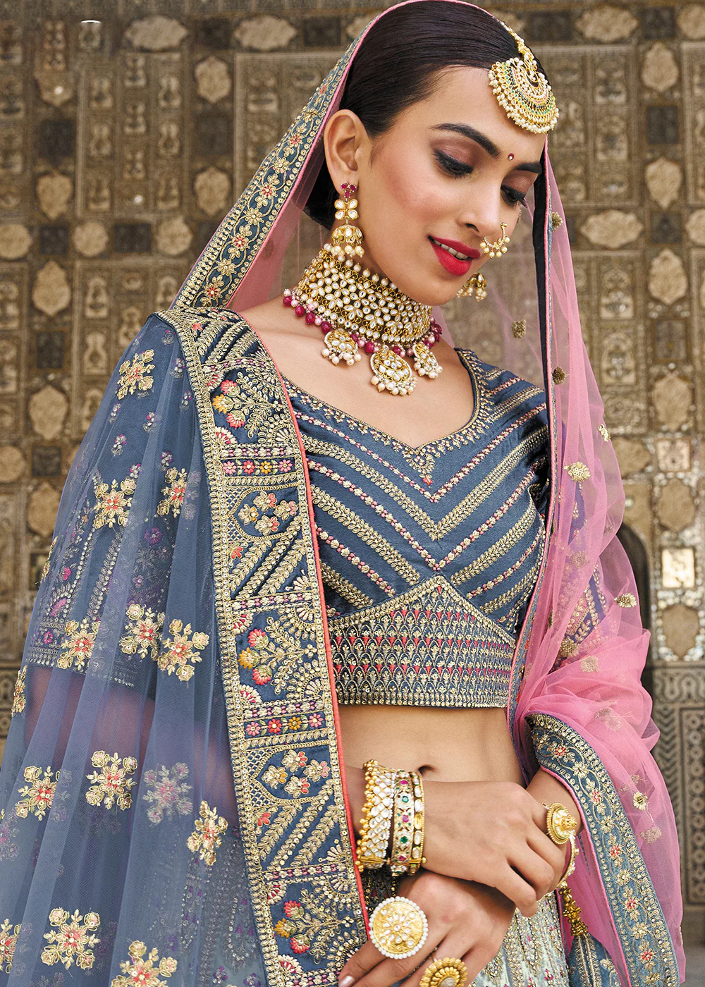 Subline Blue Bridal Wear Heavy Embroidered Silk Lehenga Choli - Image 2