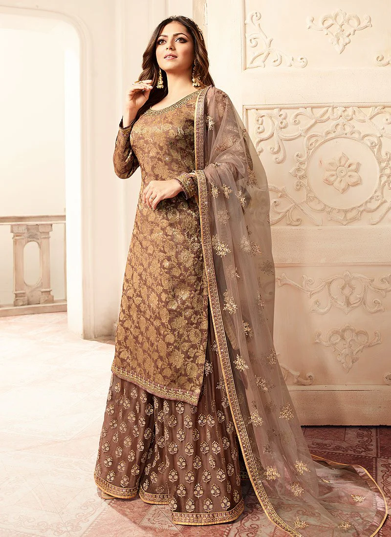 Subtle Brown Embroidered Designer Jacquard Sharara Suit