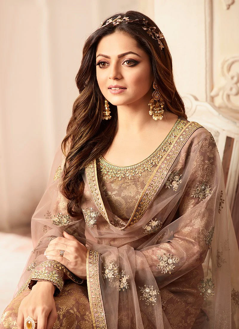 Subtle Brown Embroidered Designer Jacquard Sharara Suit - Image 2