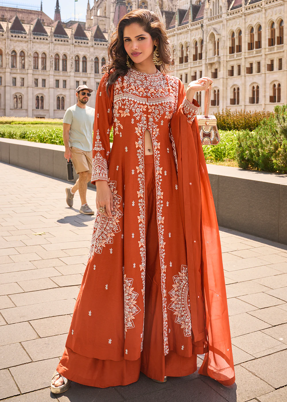 Sunset Orange Long Top Style Party Style Palazzo Suit