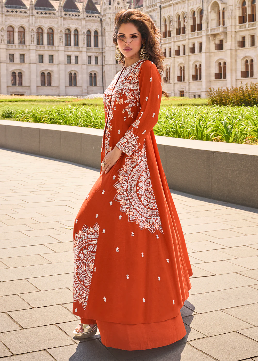 Sunset Orange Long Top Style Party Style Palazzo Suit - Image 3