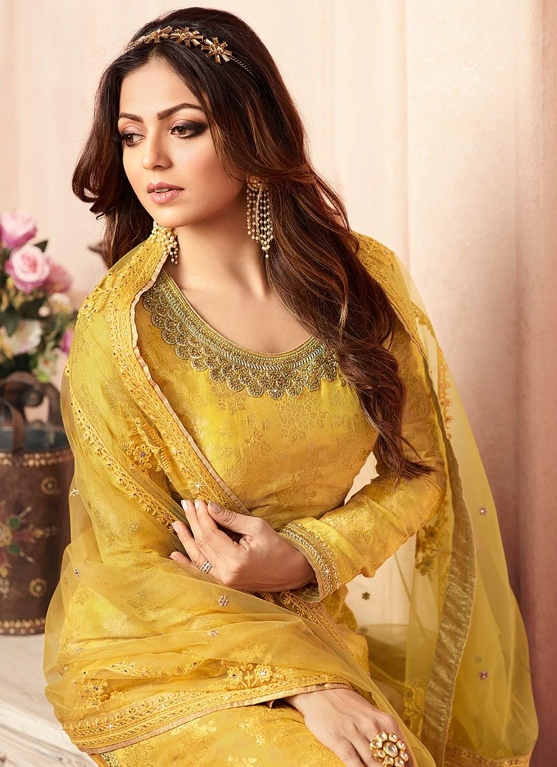 Sunshine Yellow Embroidered Designer Jacquard Sharara Suit - Image 2