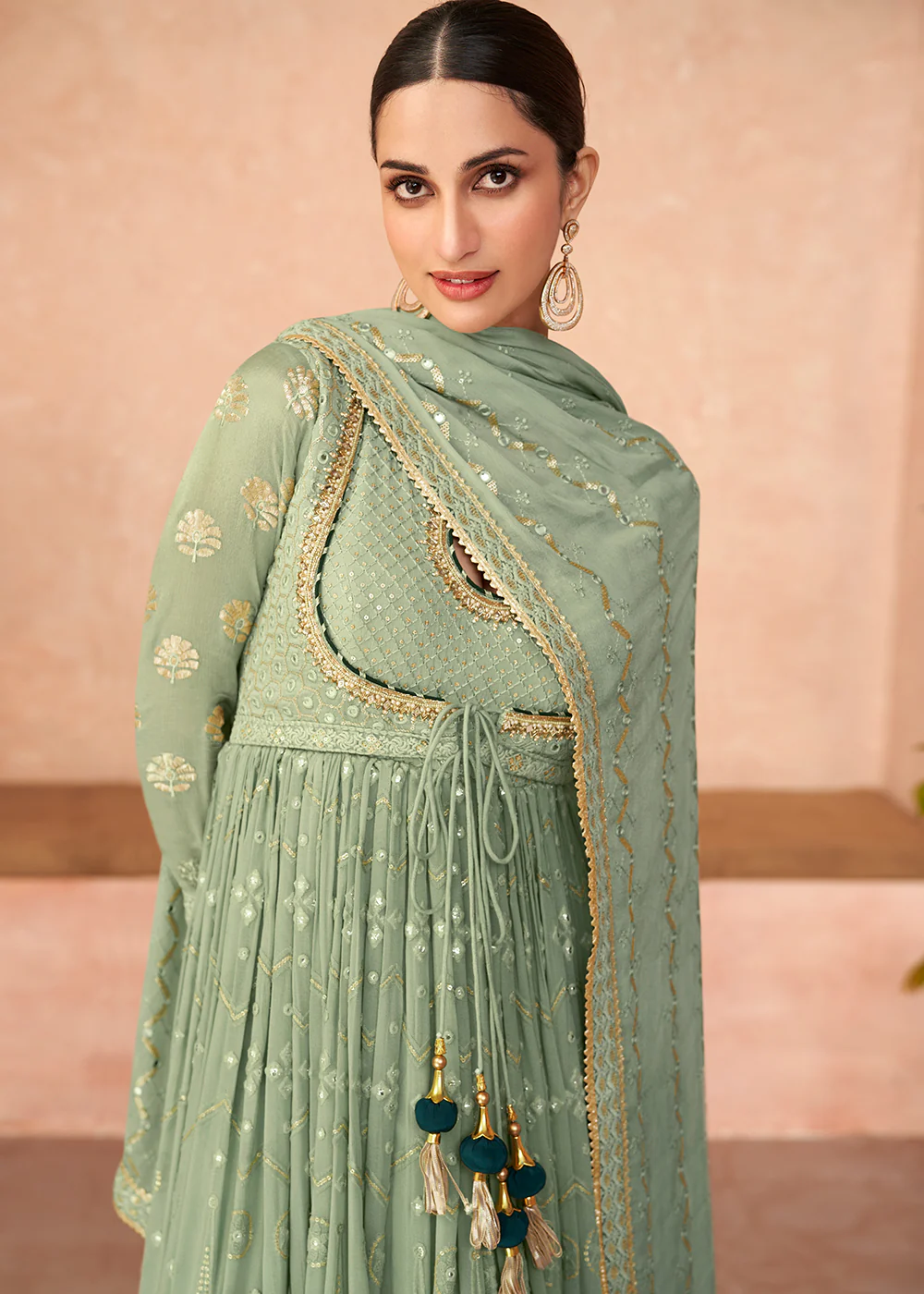 Superb Green Embroidered Real Georgette Wedding Anarkali Suit - Image 2