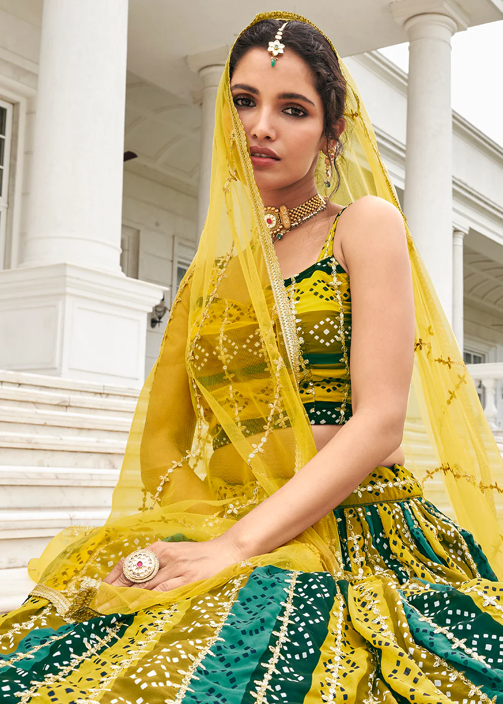 Superb Green & Yellow Bandhani Printed Wedding Lehenga Choli - Image 2