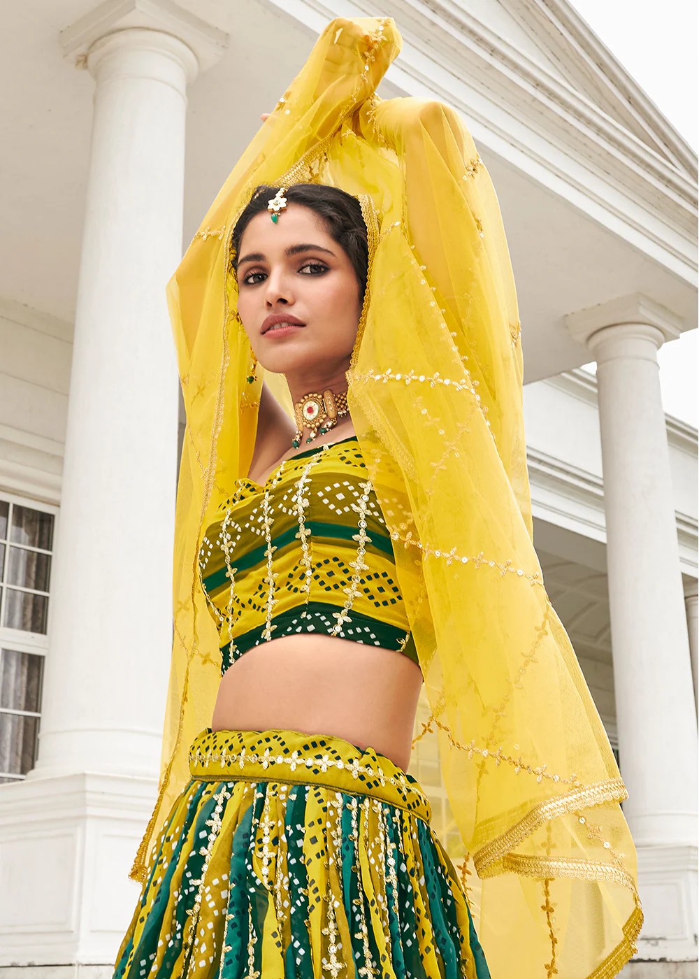 Superb Green & Yellow Bandhani Printed Wedding Lehenga Choli - Image 3