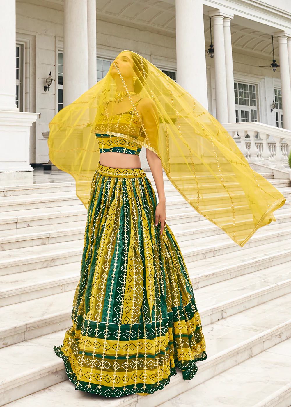 Superb Green & Yellow Bandhani Printed Wedding Lehenga Choli - Image 4