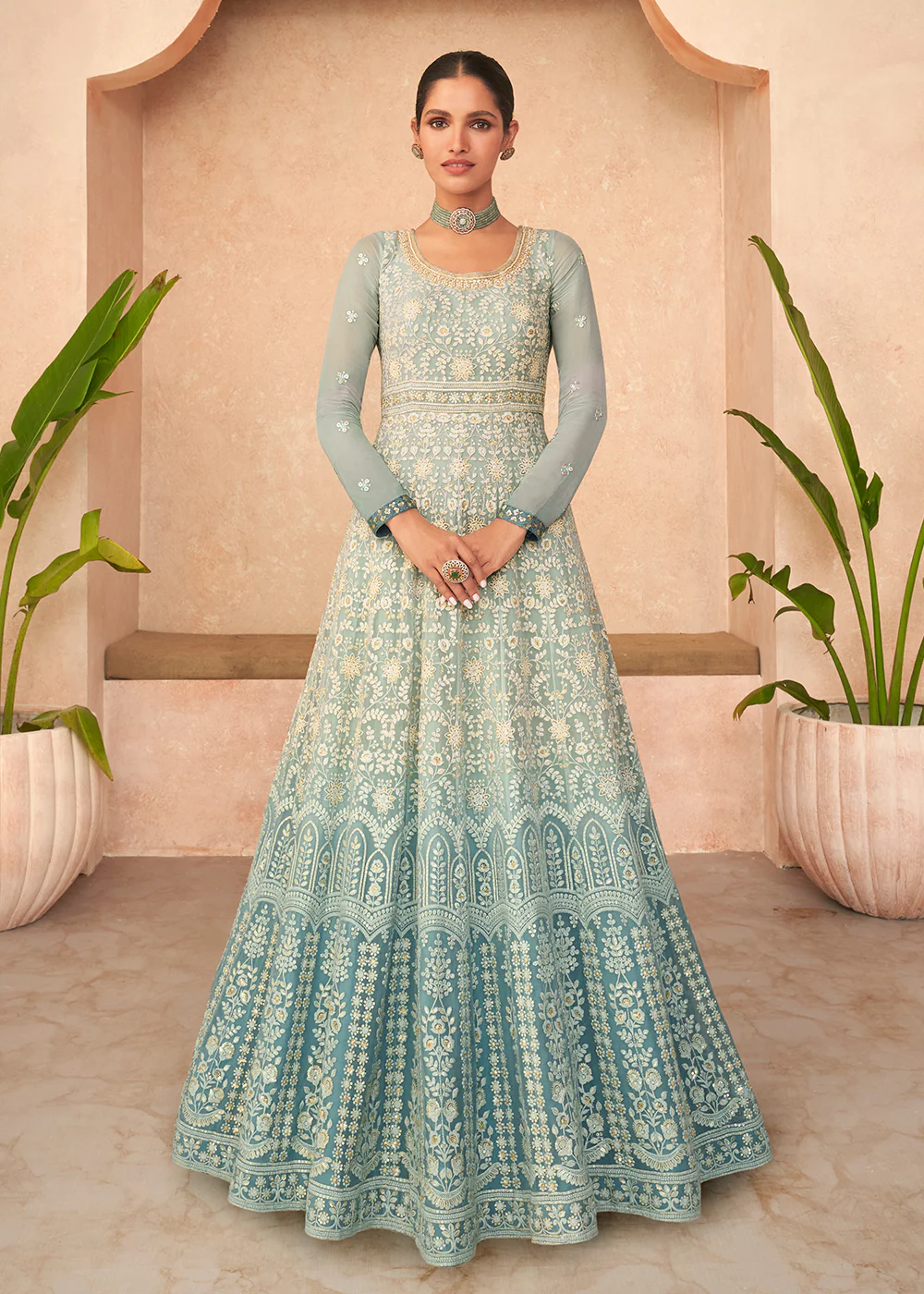 Superb Teal Blue Embroidered Real Georgette Wedding Anarkali Suit