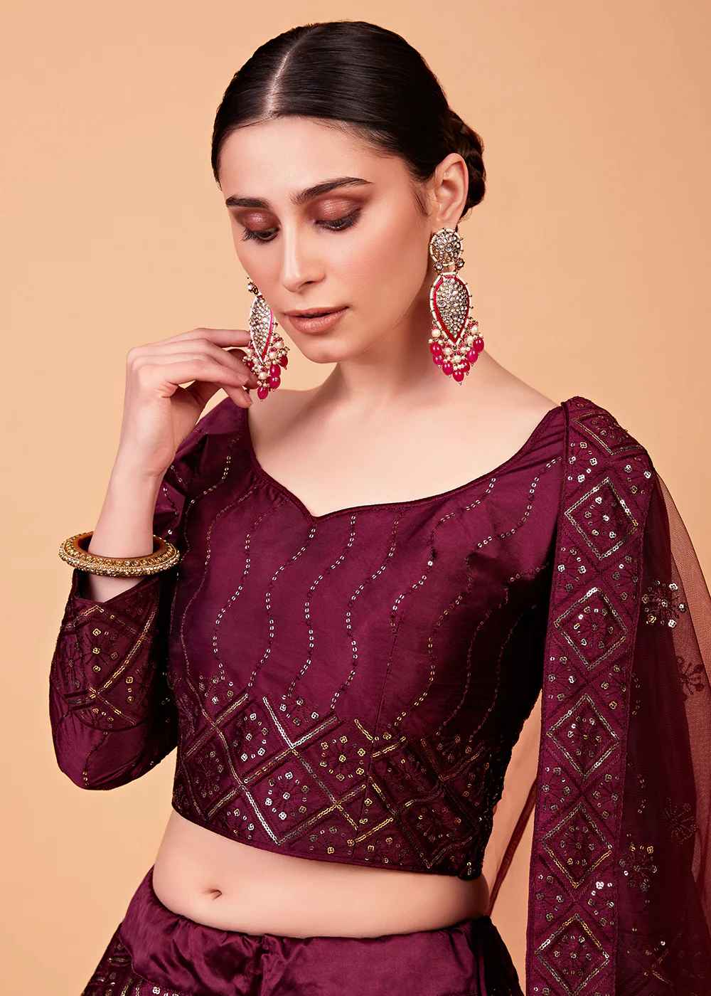 Superb Wine Multi Thread & Sequins Bridesmaid Lehenga - Image 2