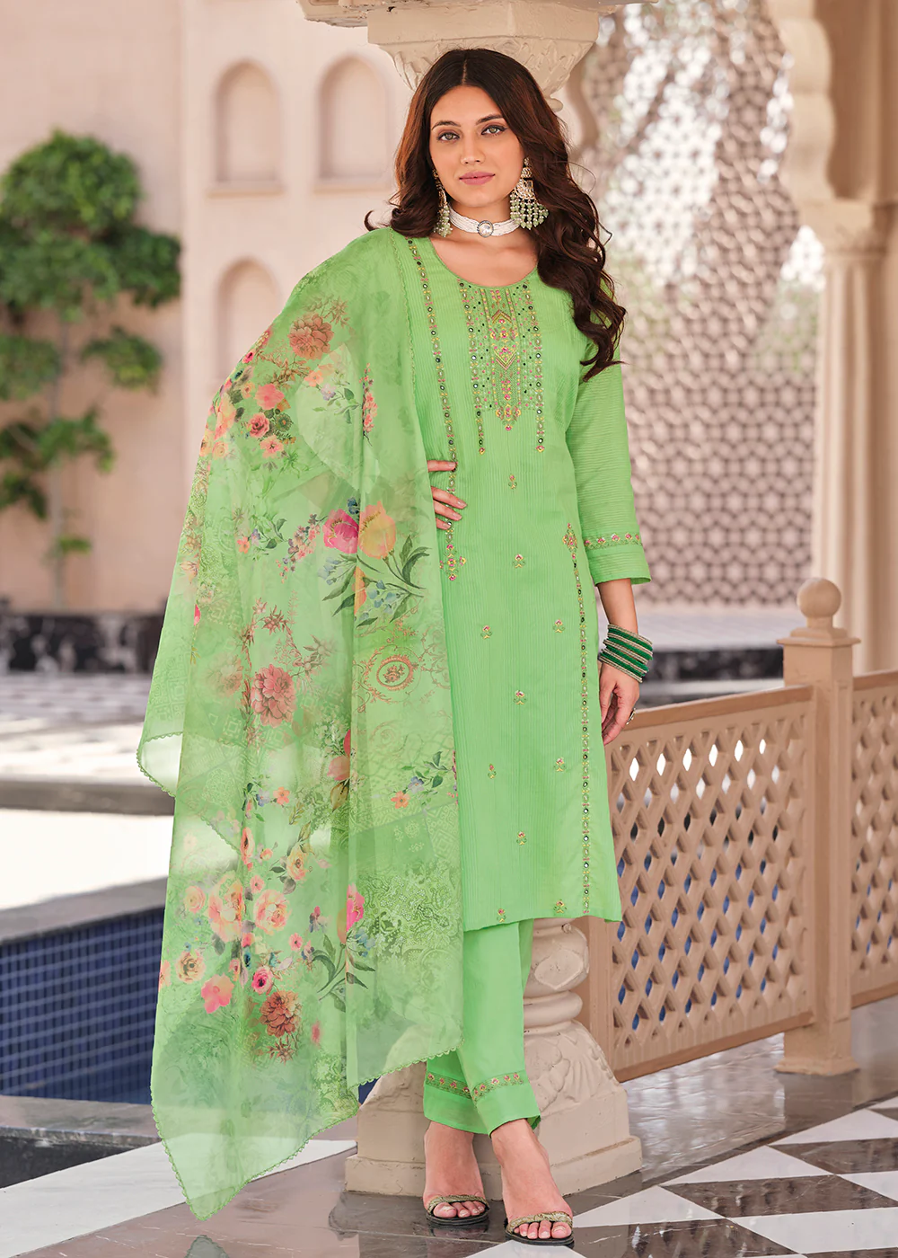 Superior Green Cotton Khatli Hand Work Casual Salwar Suit