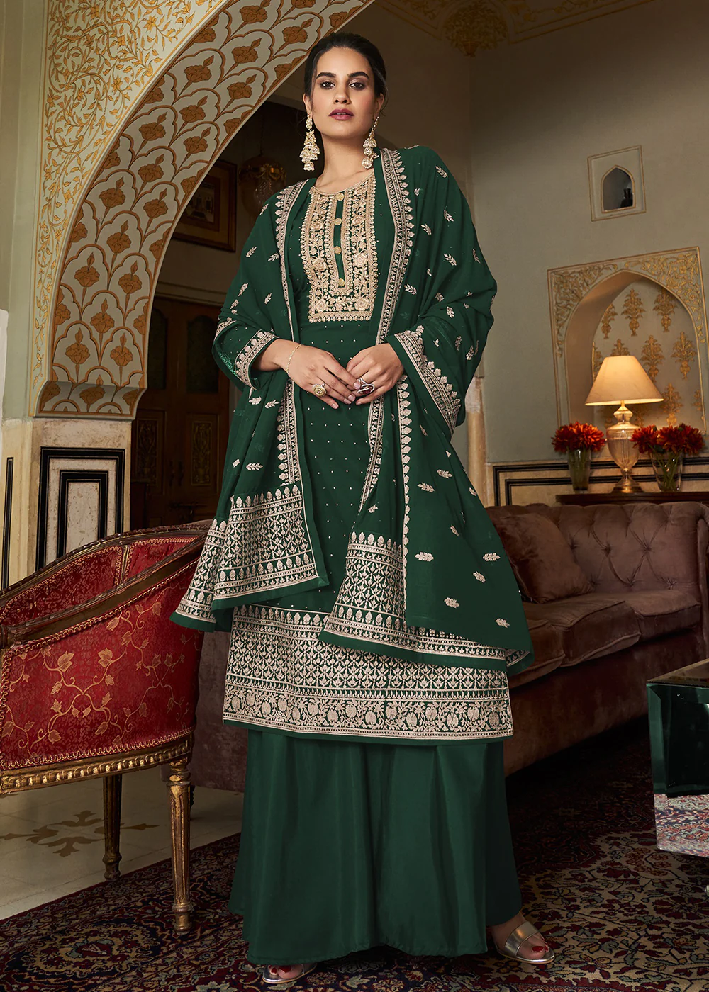 Superior Green Diamond Swarovski Work Palazzo Salwar Suit