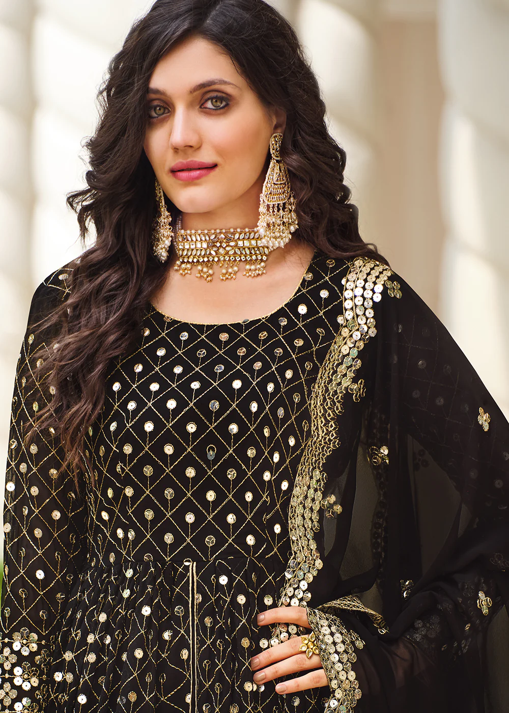 Supreme Black Sequins Wedding Pant Style Anarkali - Image 2