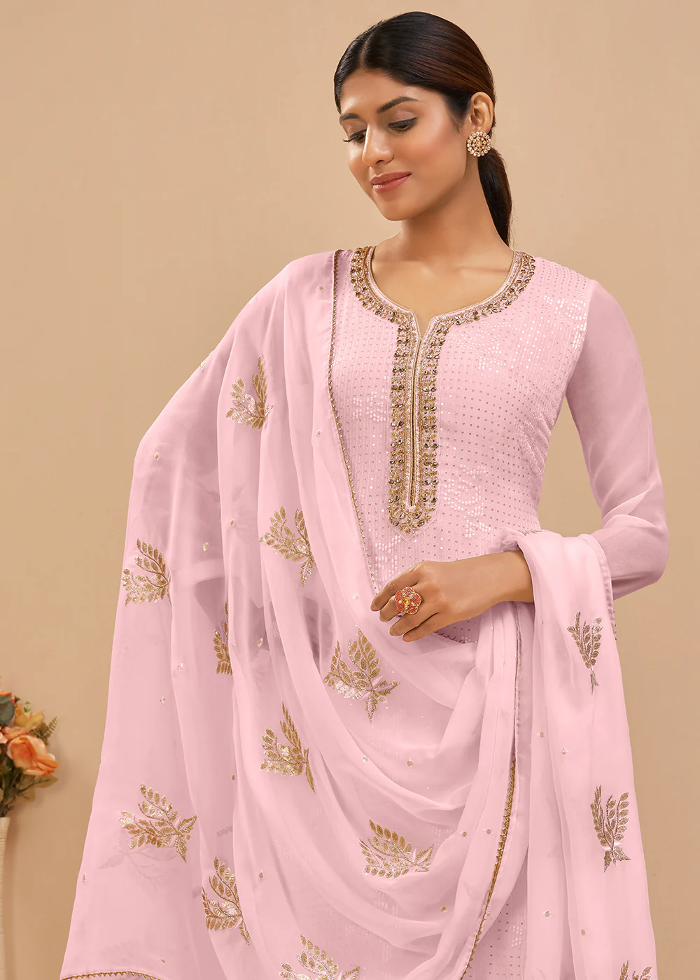 Supreme Pink Sequins & Khatli Work Festive Palazzo Suit - Image 2