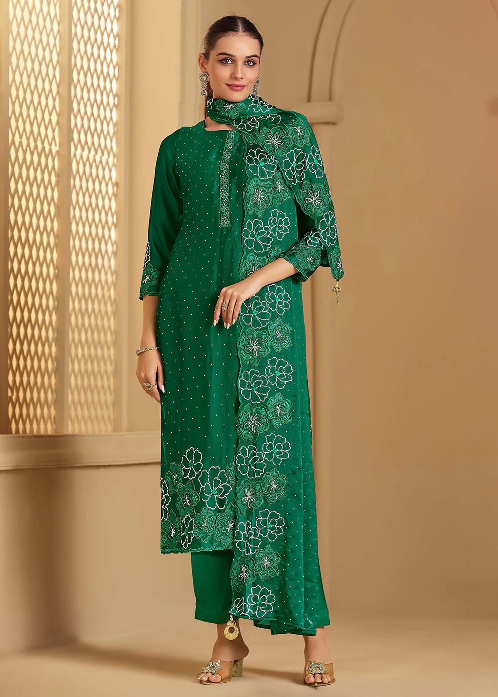 Swarovski Embroidered Green Trendy Salwar Suit
