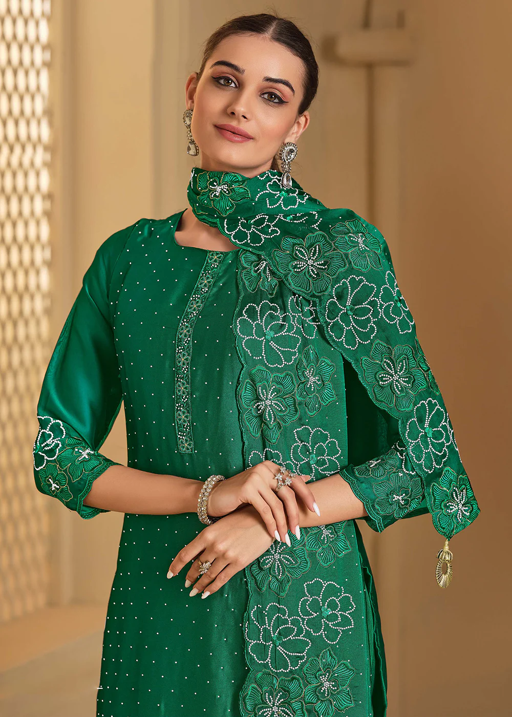 Swarovski Embroidered Green Trendy Salwar Suit - Image 2