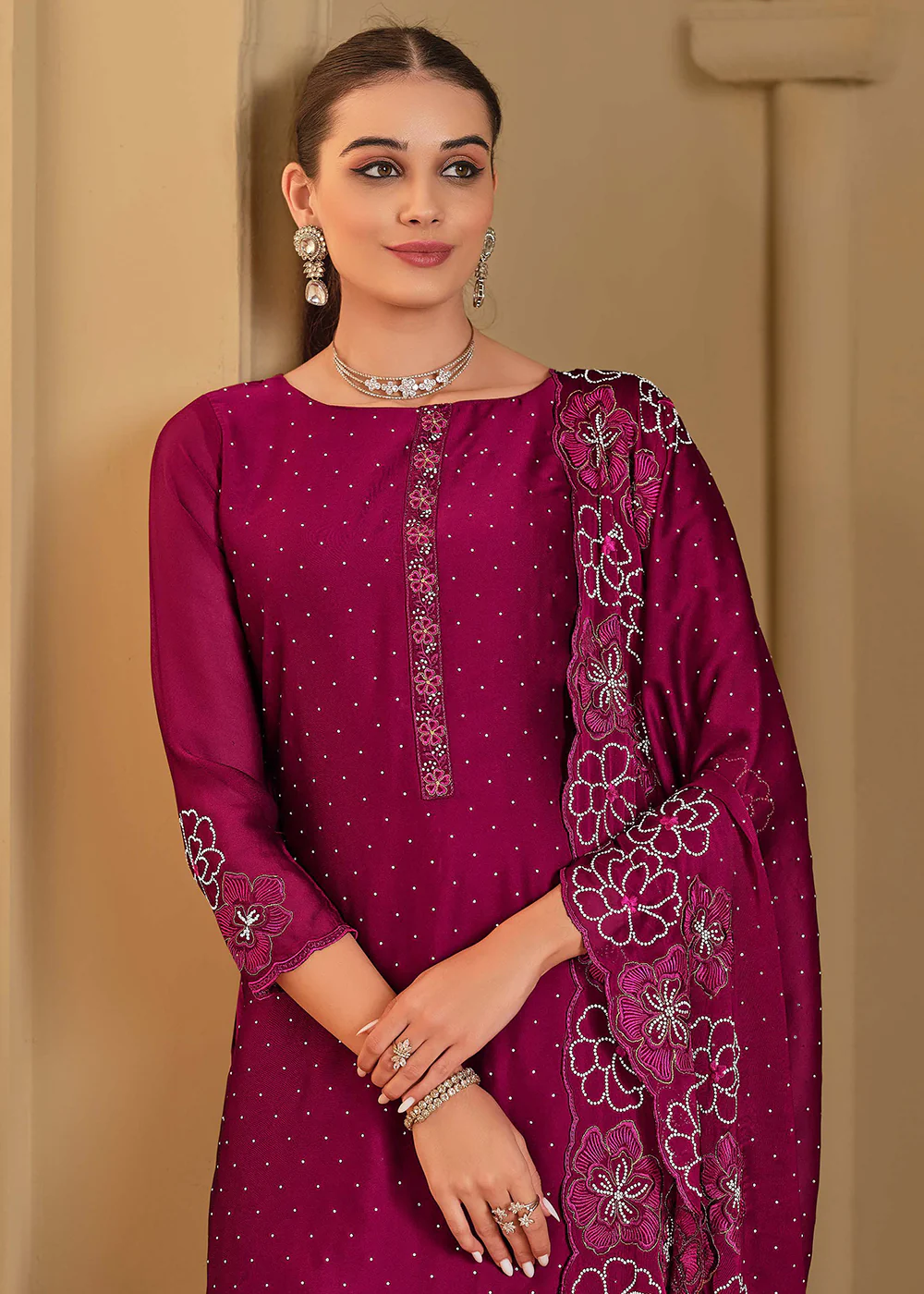 Swarovski Embroidered Magenta Trendy Salwar Suit - Image 2