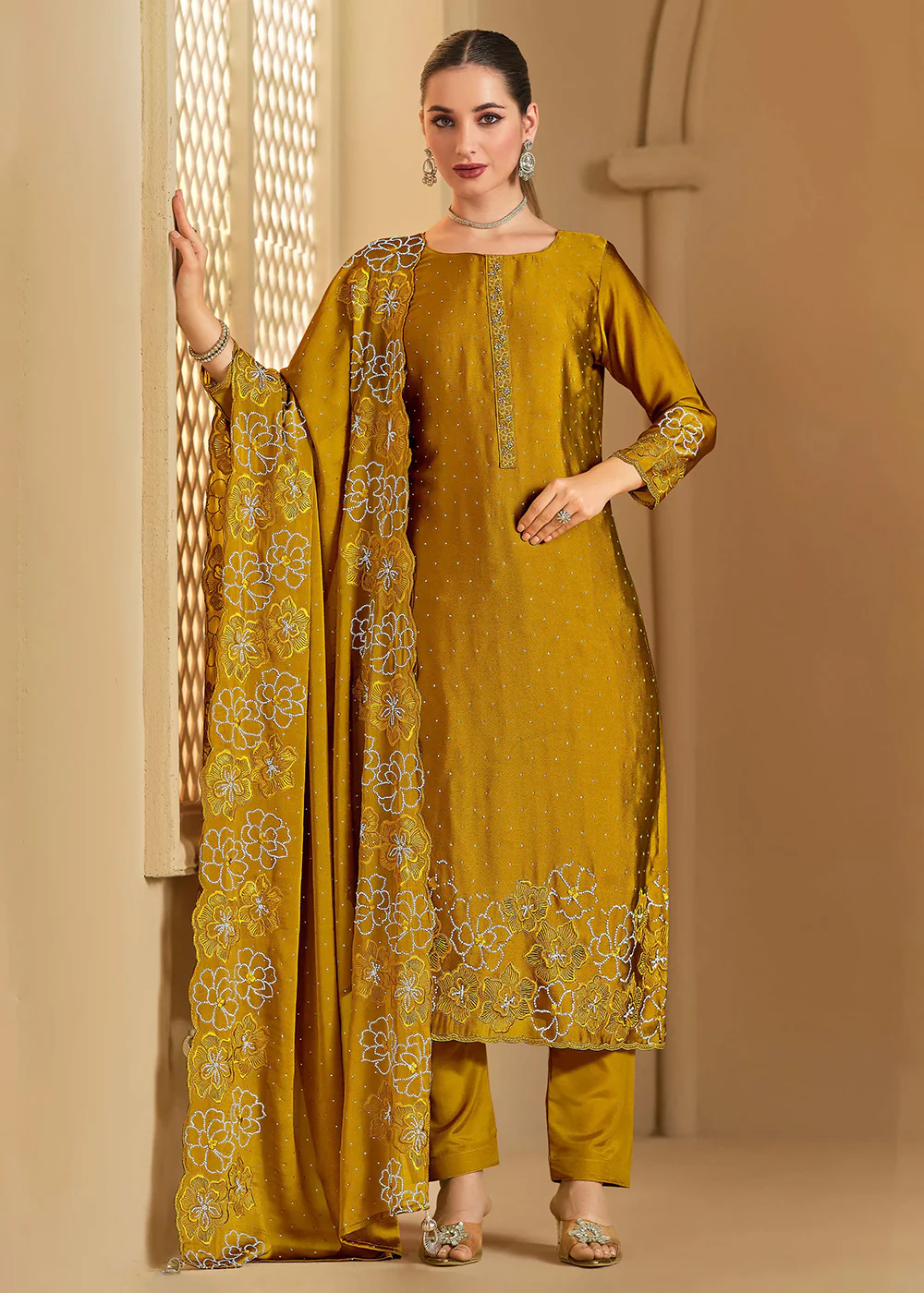 Swarovski Embroidered Mustard Trendy Salwar Suit