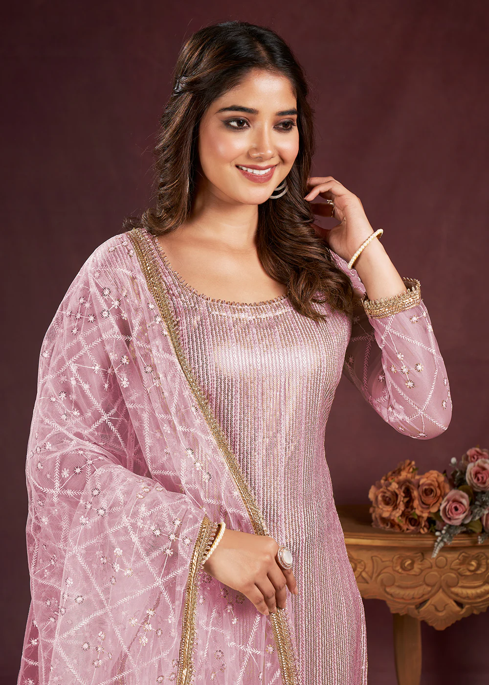 Taffy Pink Butterfly Net Embroidered Festive Salwar Suit - Image 2