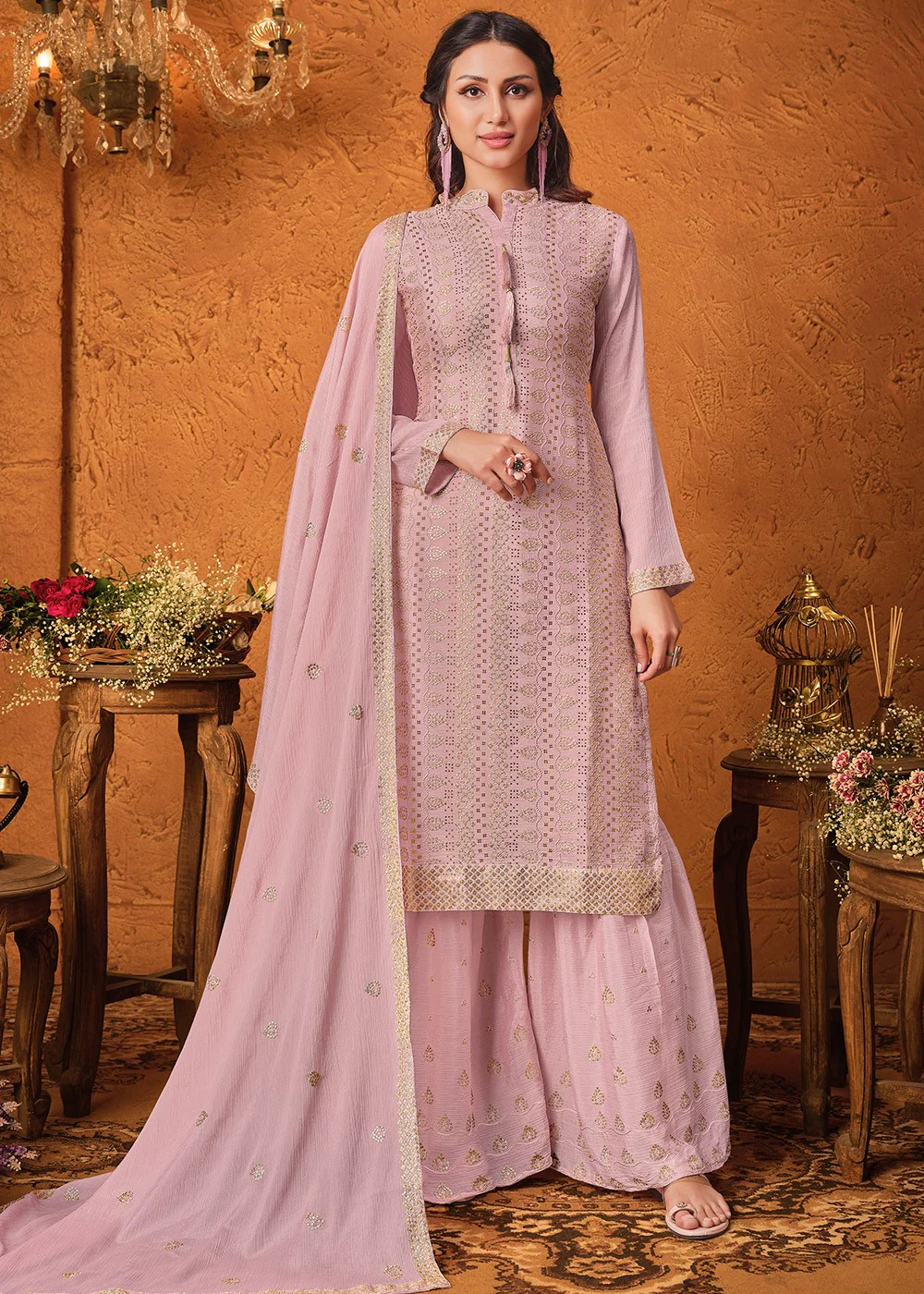 Taffy Pink Chiffon Embroidered Sharara Suit