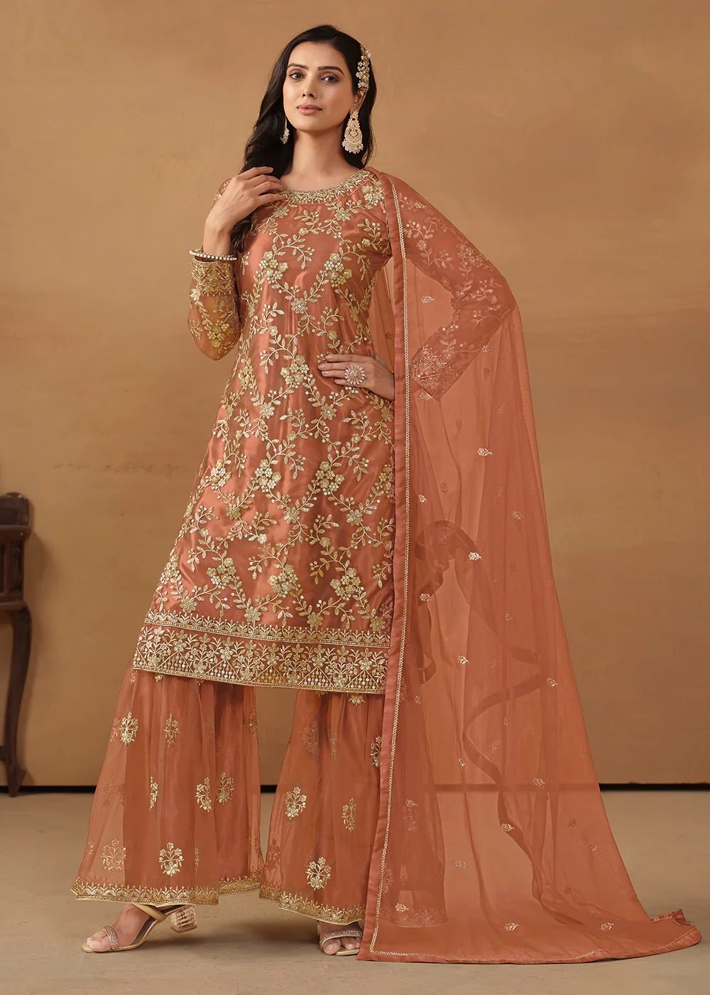 Tangy Brown Net Embroidered Wedding Festive Gharara Suit - Image 3