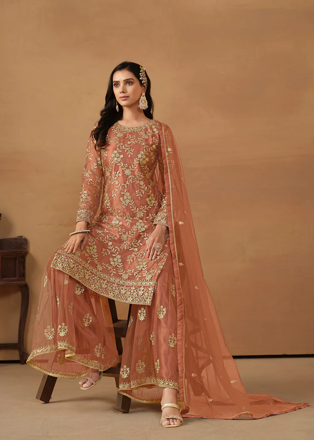 Tangy Brown Net Embroidered Wedding Festive Gharara Suit - Image 4
