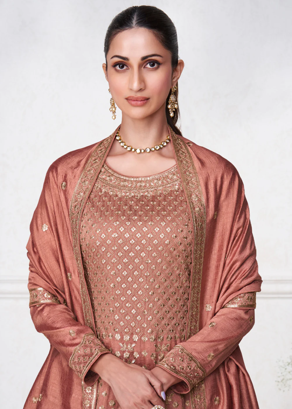 Tangy Brown Punjabi Style Silk Embroidered Salwar Suit - Image 2