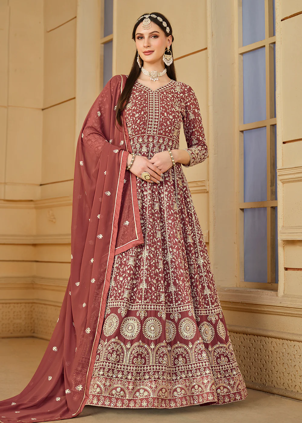 Tangy Brown Thread & Sequins Georgette Anarkali Suit