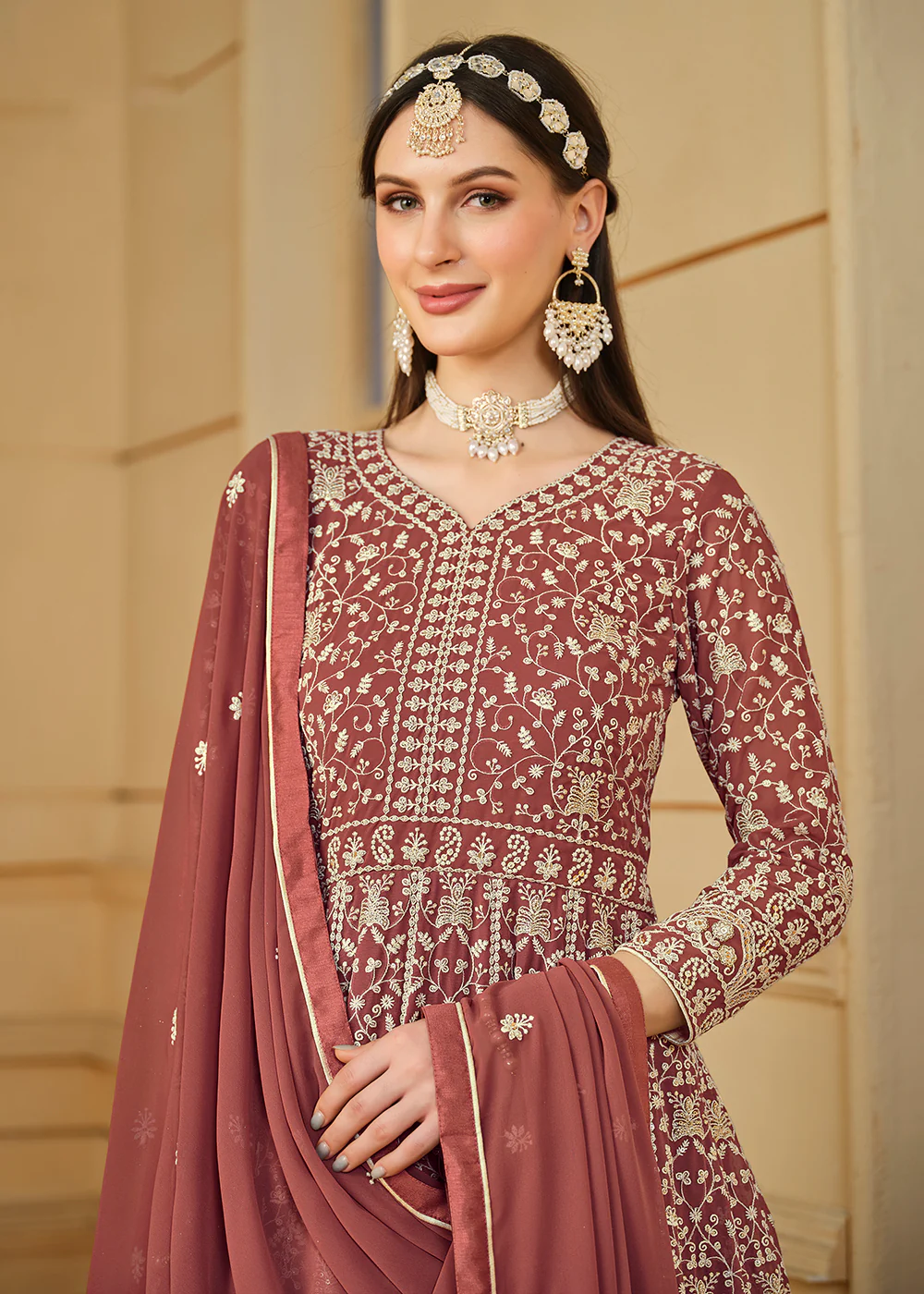 Tangy Brown Thread & Sequins Georgette Anarkali Suit - Image 2