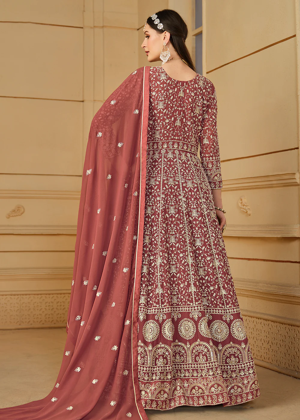 Tangy Brown Thread & Sequins Georgette Anarkali Suit - Image 3