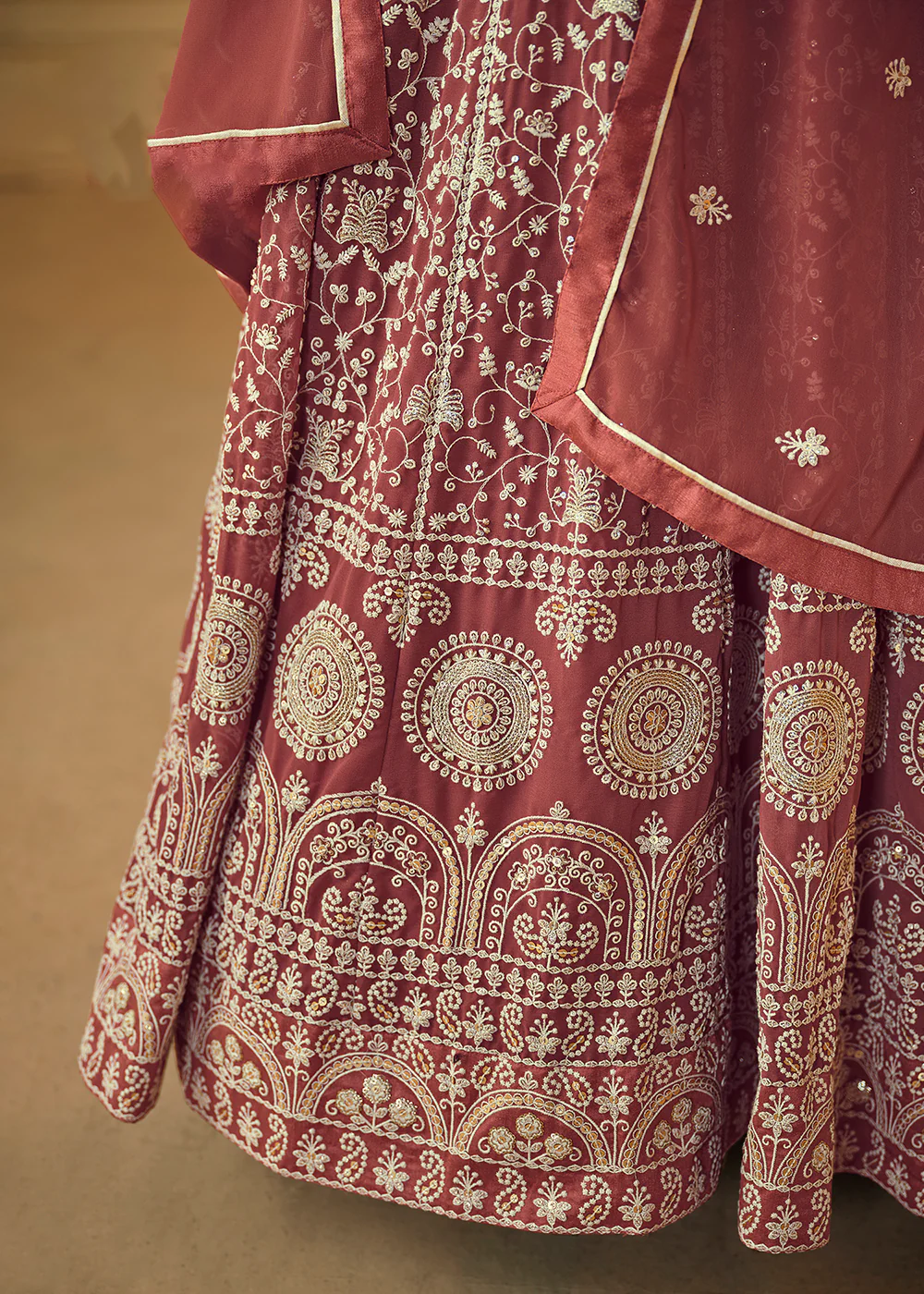 Tangy Brown Thread & Sequins Georgette Anarkali Suit - Image 4