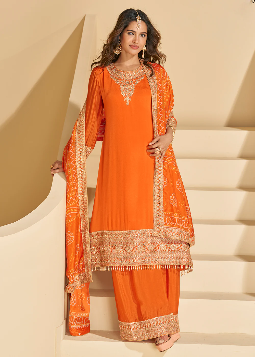 Tangy Orange Chinnon Silk Palazzo Style Suit