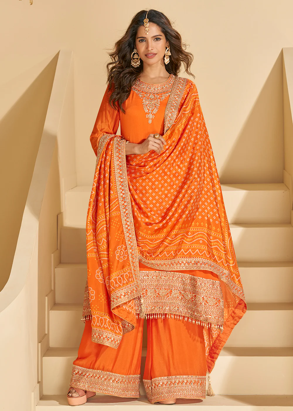 Tangy Orange Chinnon Silk Palazzo Style Suit - Image 3