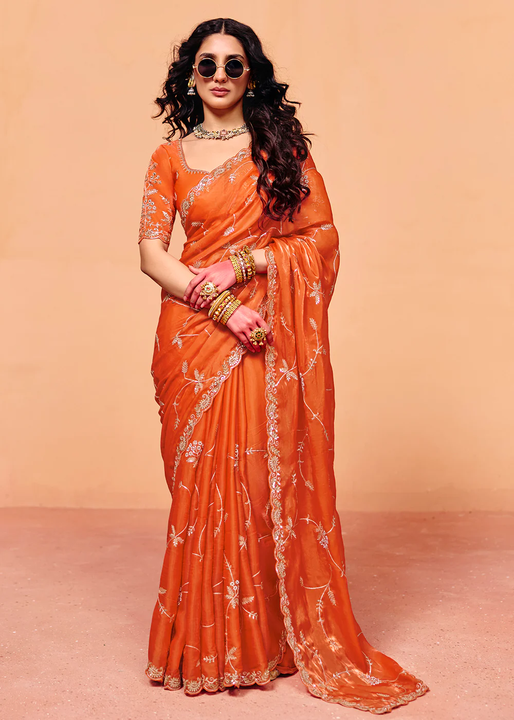 Tangy Orange Designer Style Embroidered Saree