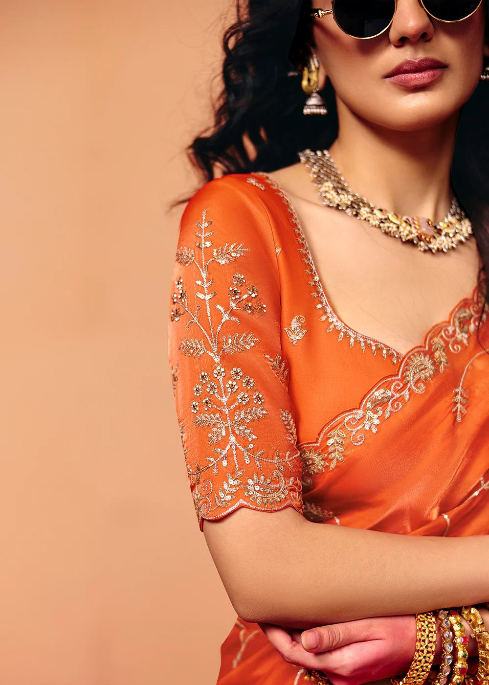 Tangy Orange Designer Style Embroidered Saree - Image 2