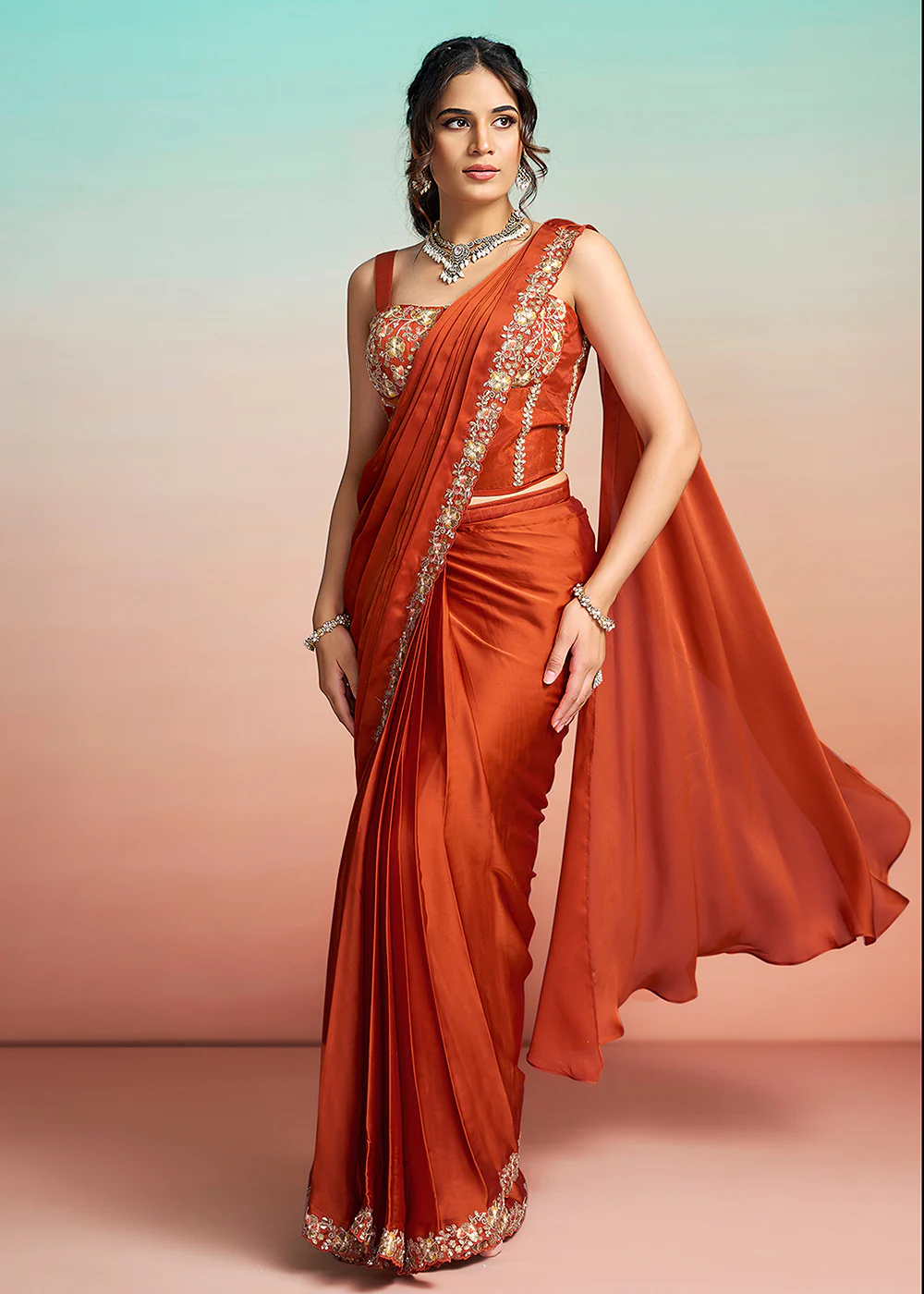 Tangy Orange Wedding Party Ready to Wear Saree - Image 4