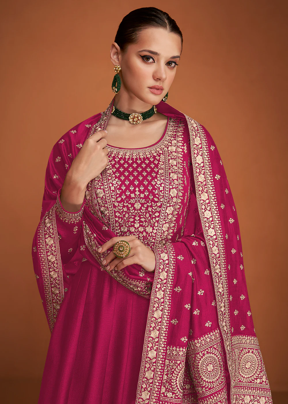 Tantalizing Magenta Pink Silk Embroidered Party Wear Anarkali - Image 2