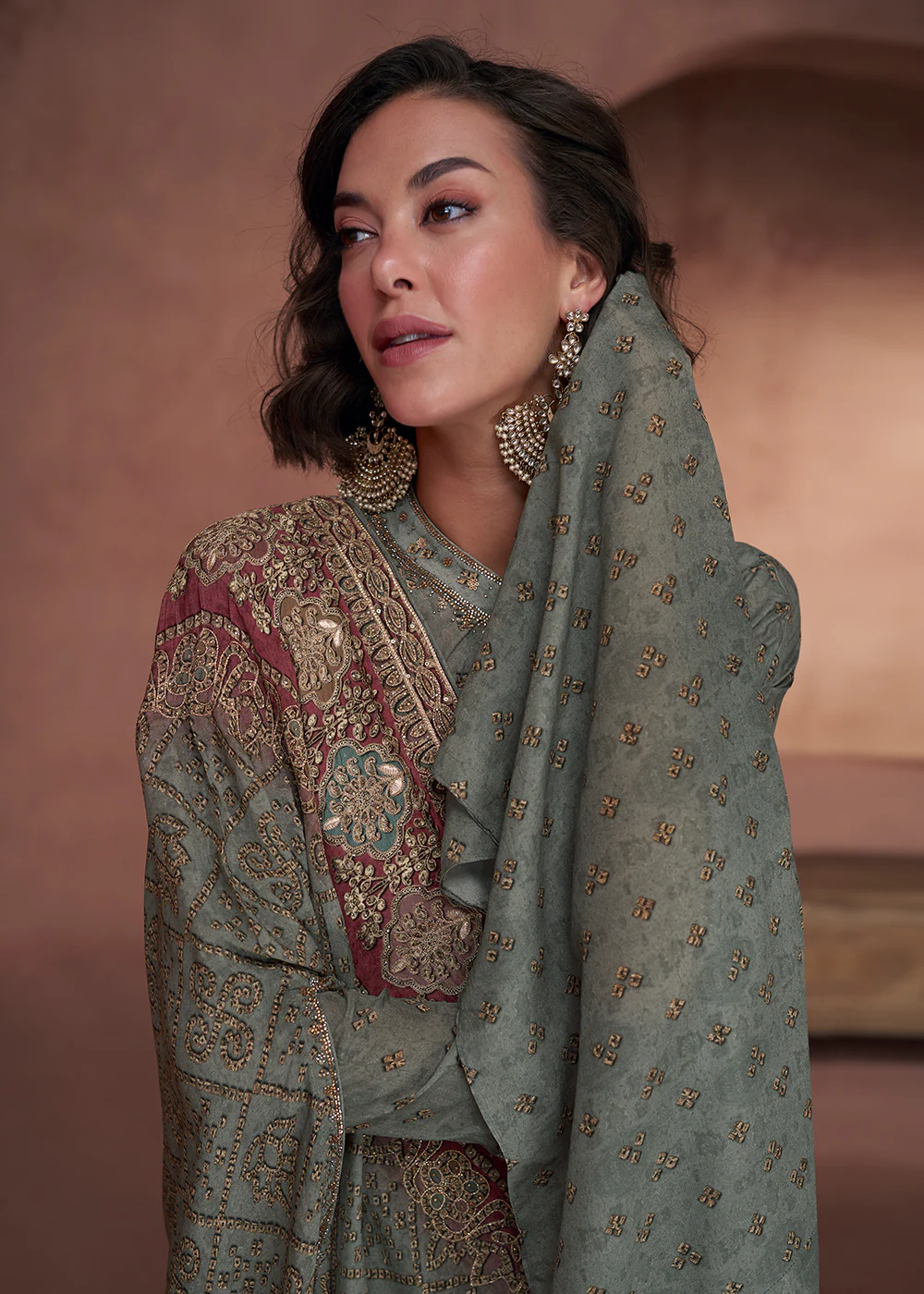 Taupe Green Designer Printed Work Indo Western Dress - Image 2