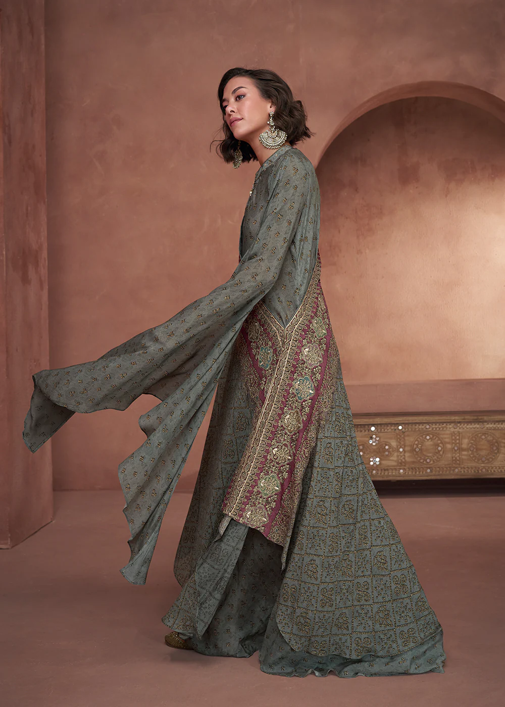 Taupe Green Designer Printed Work Indo Western Dress - Image 3