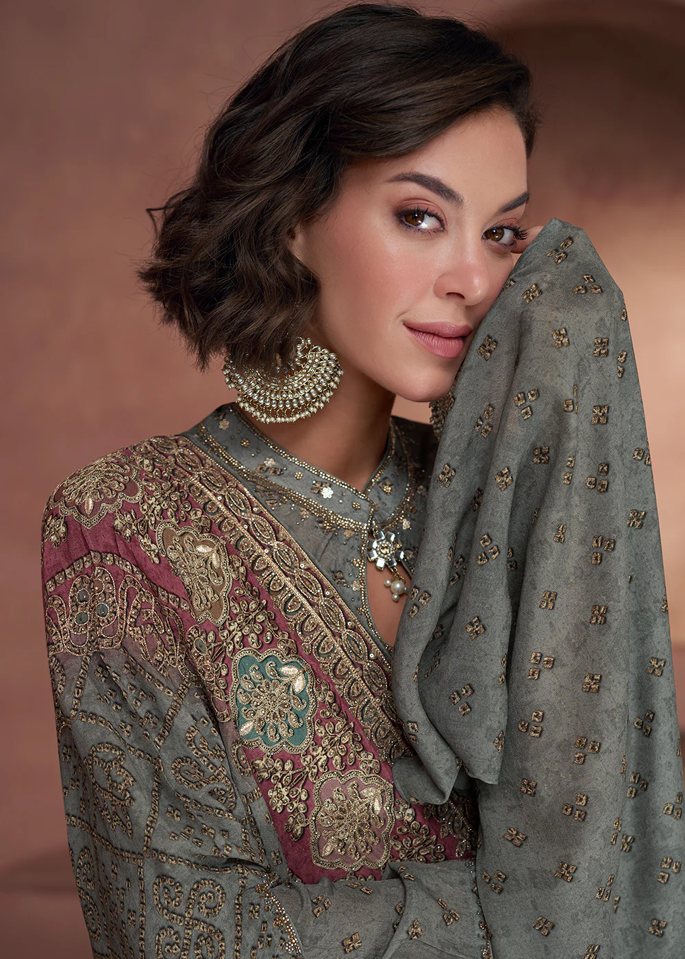 Taupe Green Designer Printed Work Indo Western Dress - Image 4