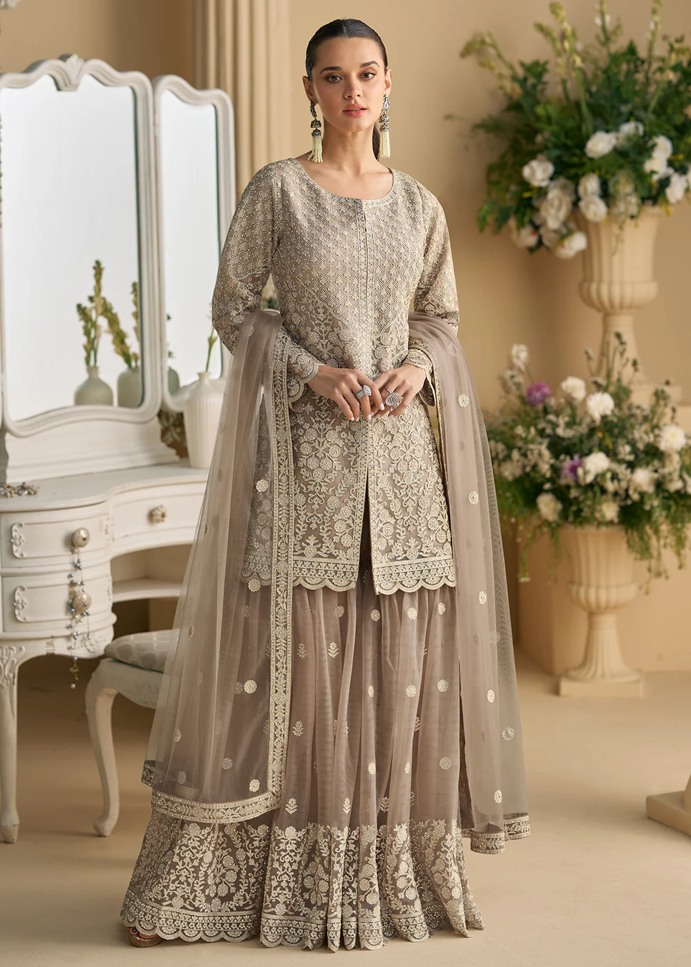 Taupe Grey Net Chikankari Sharara Style Suit