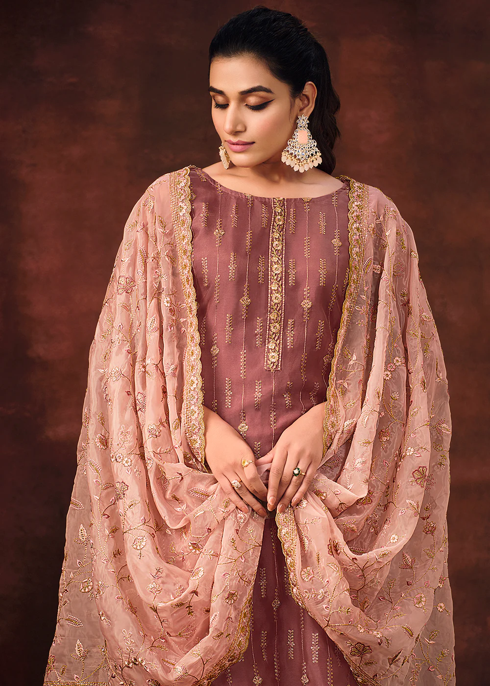 Taupe Mauve Shimmer Organza Embroidered Wedding Salwar Suit - Image 2
