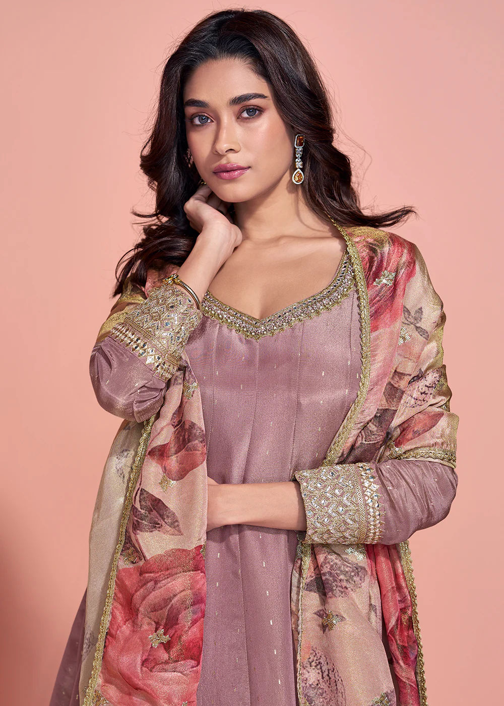 Taupe Mauve Shimmer Organza Silk Festive Anarkali Suit - Image 2